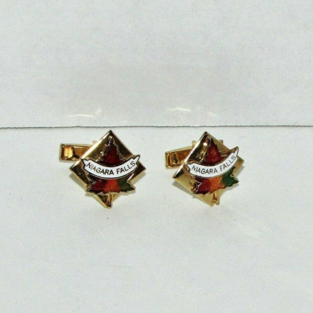 Vintage Cufflinks Niagara Falls Colourful Maple Leaf Unisex Boho Travel Souvenir